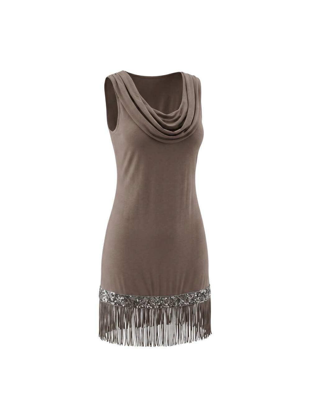 Liu Jo Taupe Sleeveless Cowl Neck Fringe Hem Dress